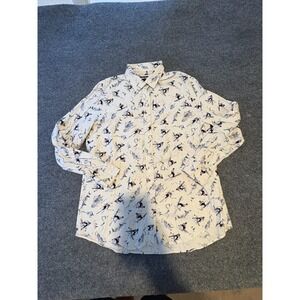 Lands End Shirt womens Medium White Ski Print Long Sleeve Button Down Winter Mtn